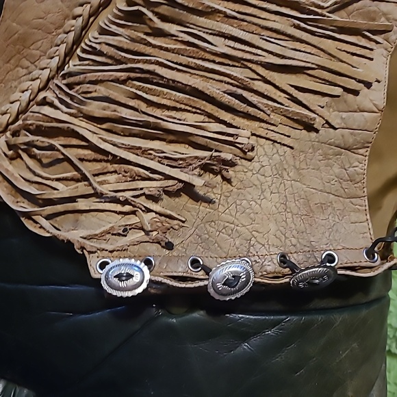 Leather Club Real Tan Color Textured Leather Vest with Fringes Embroidery Size L - Picture 4 of 8